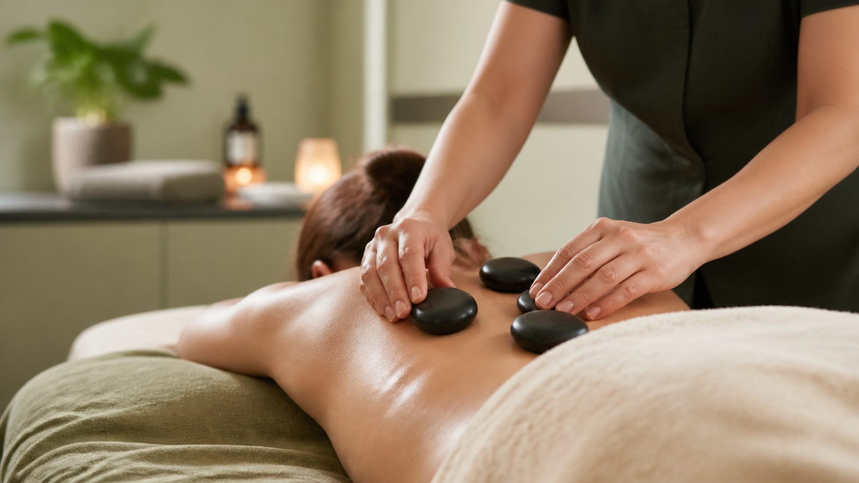 Hot stone massage treatment with heated basalt stones in a calm clinical setting