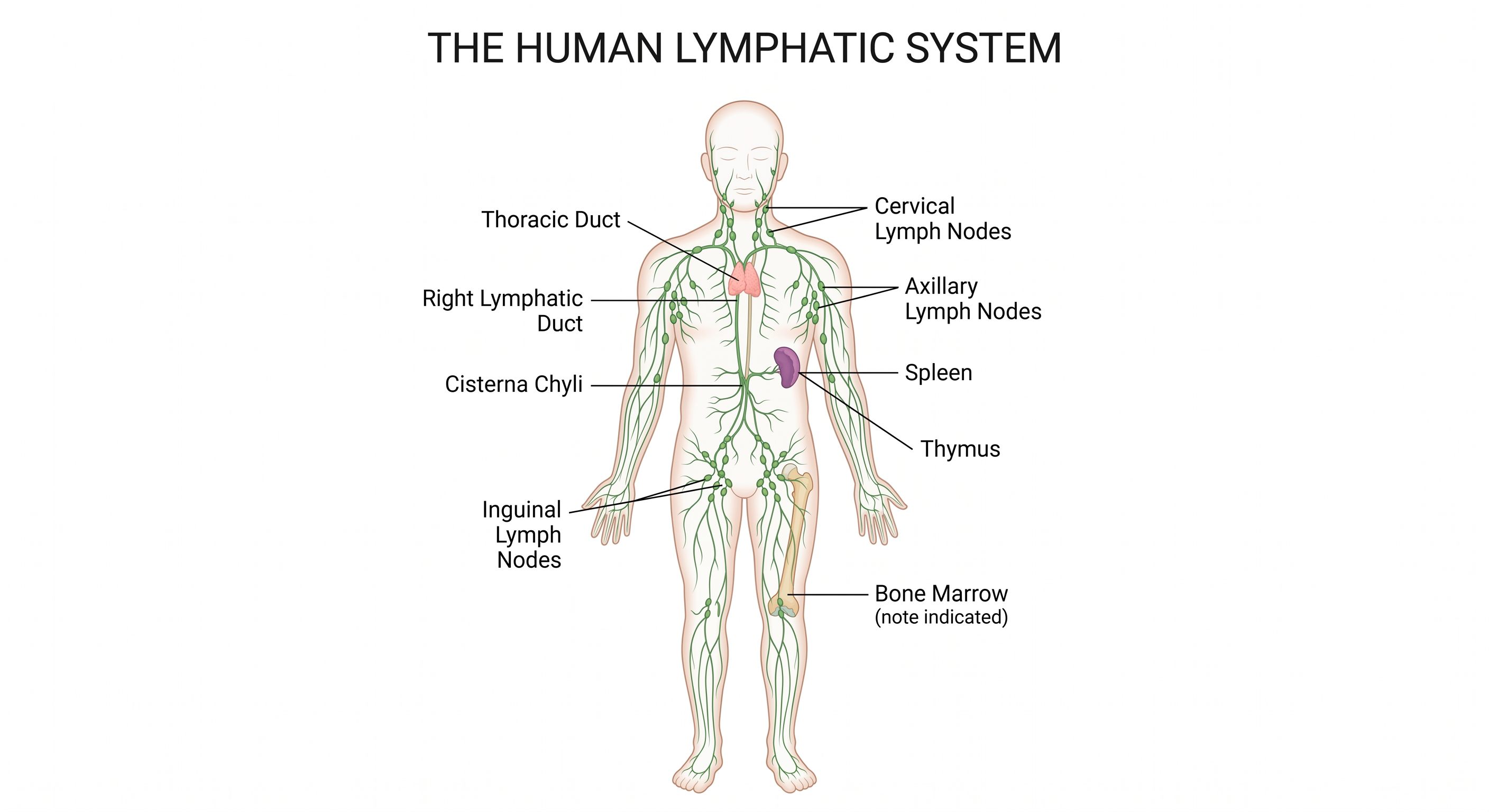 Diagram of the human lymphatic system showing lymph nodes, ducts, and vessels