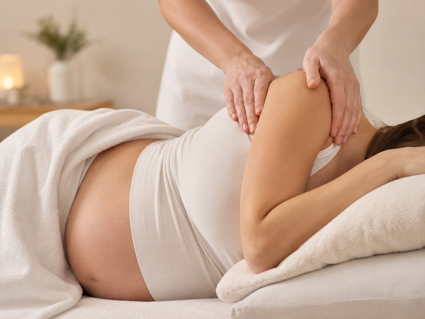 Prenatal massage with pregnancy-informed side-lying support and pillows in a calm clinical setting