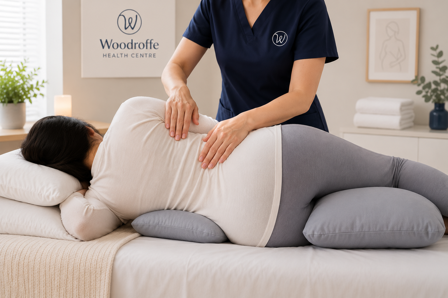 Prenatal massage with side-lying positioning and supportive pillows in Nepean Ottawa