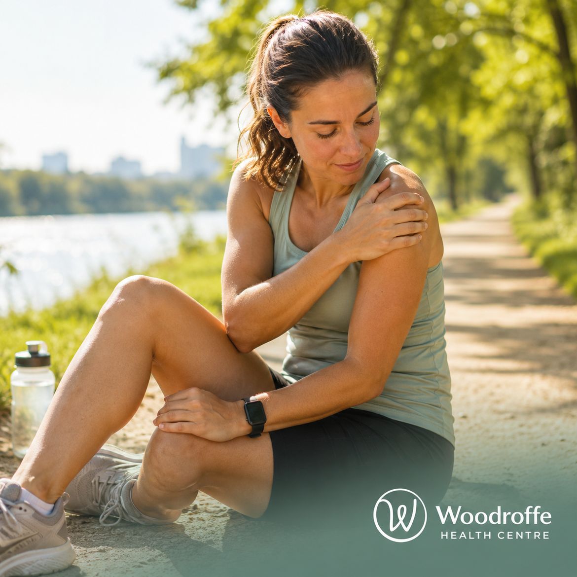 Ottawa runner with shoulder soreness resting on a riverside pathway in summer