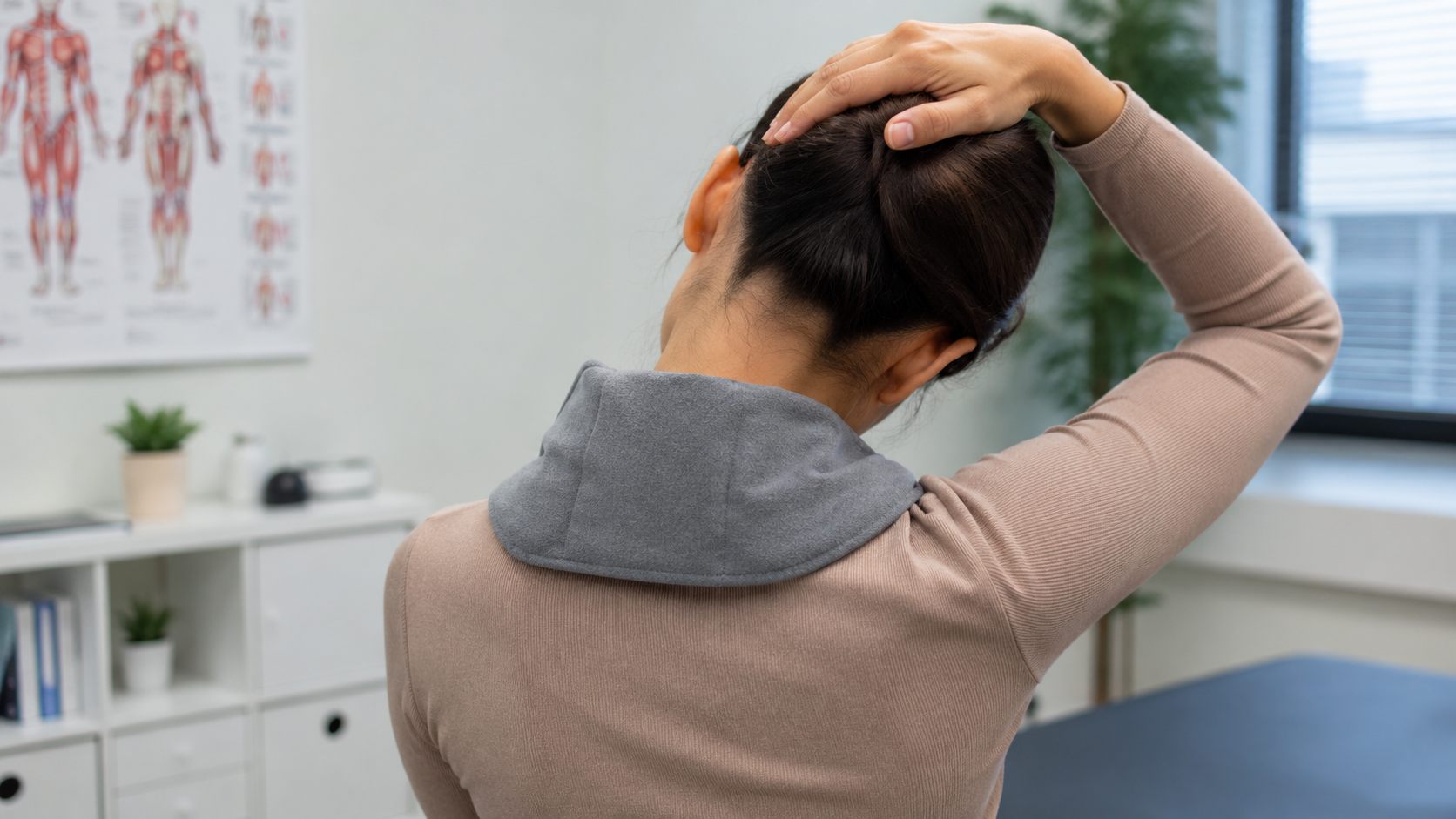 Simple neck stretch and heat therapy for tech neck relief between RMT appointments in Ottawa